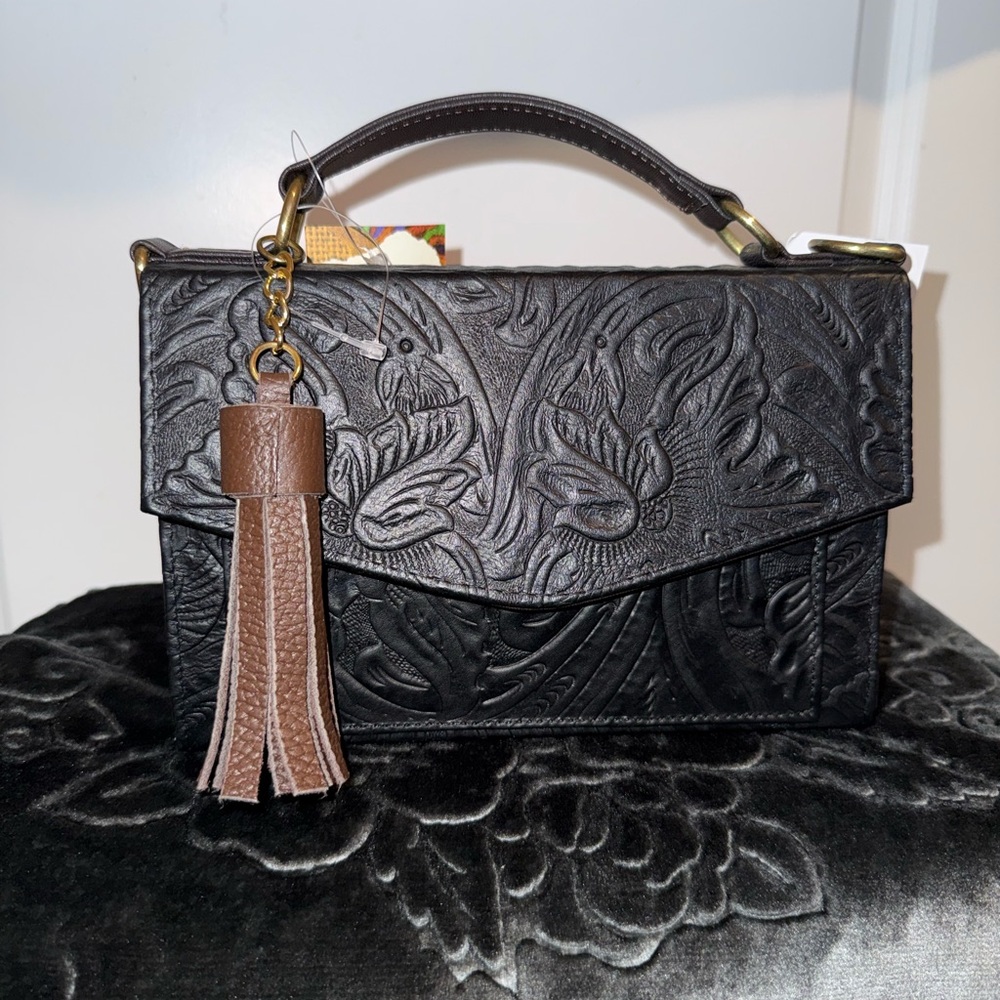 Embossed 100% Black Leather Top-Handle Bag with Brown Tassel w/ crossbody strap